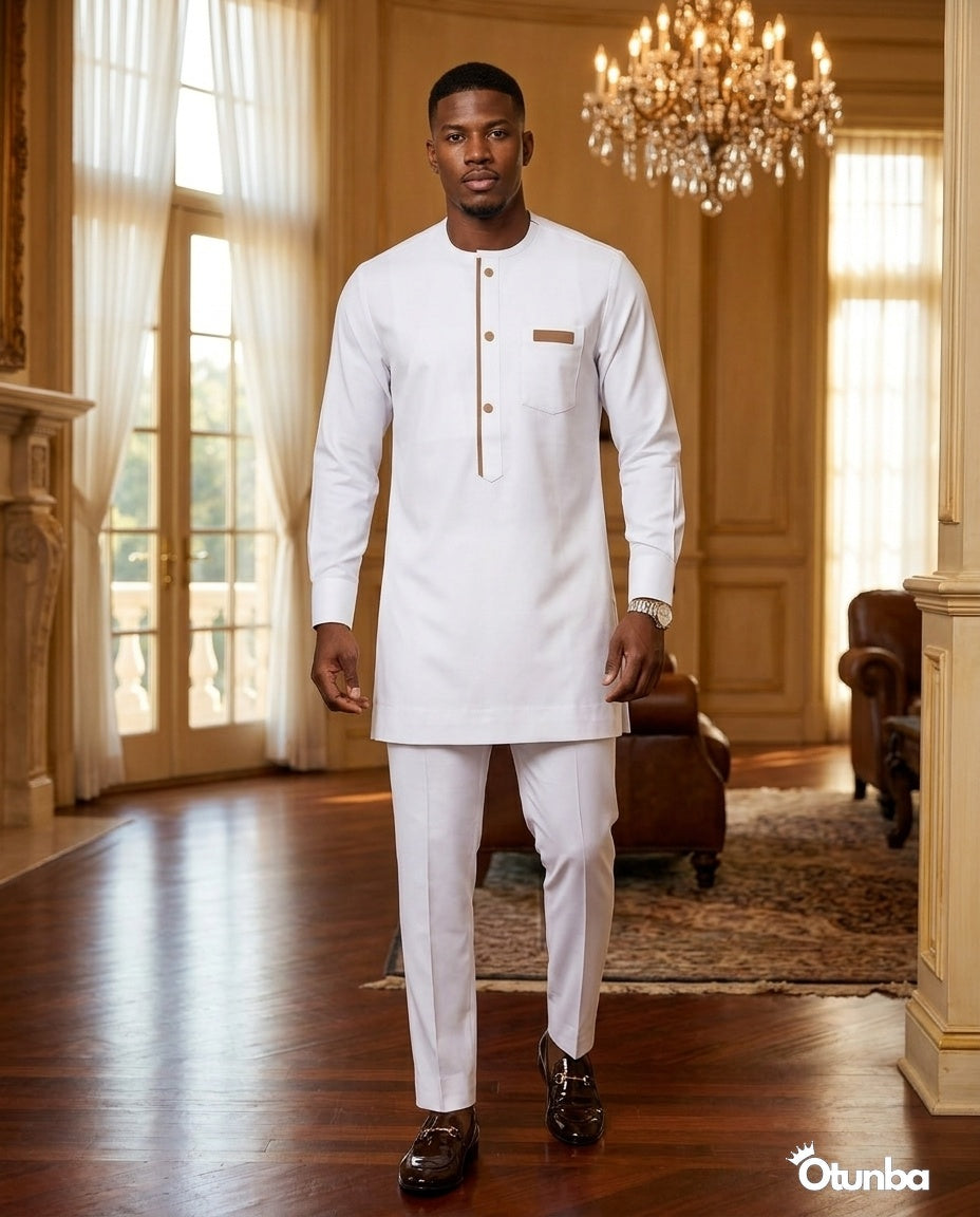 African Mens Senator Wear Kaftan | Vibrant White — Photo 282 | OTUNBA Luxury Fashion