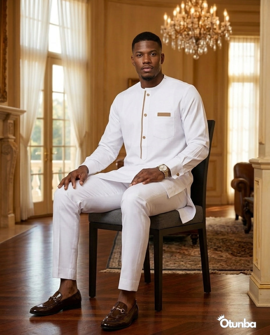 African Mens Senator Wear Kaftan | Vibrant White — Photo 284 | OTUNBA Luxury Fashion