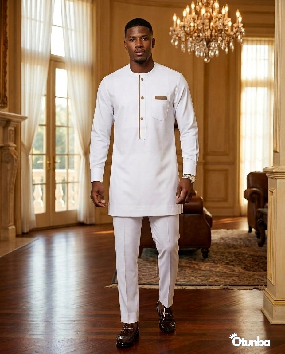 African Mens Senator Wear Kaftan | Vibrant White — Photo 285 | OTUNBA Luxury Fashion