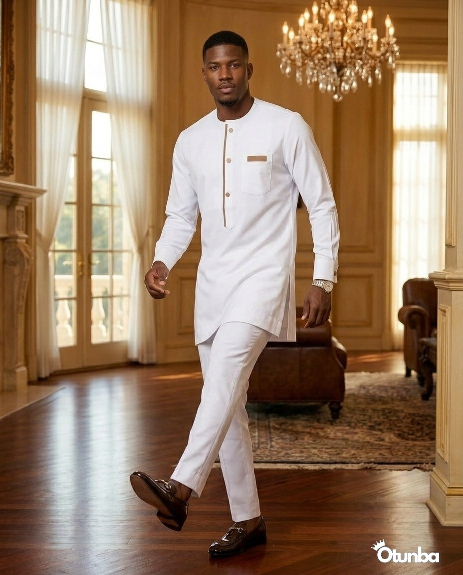 African Mens Senator Wear Kaftan | Vibrant White — Photo 286 | OTUNBA Luxury Fashion