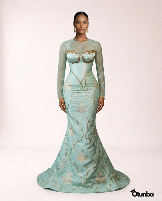 Luxurious Long Sleeve Aso Ebi Dresses | Mint Green — Photo 1 | OTUNBA Luxury Fashion