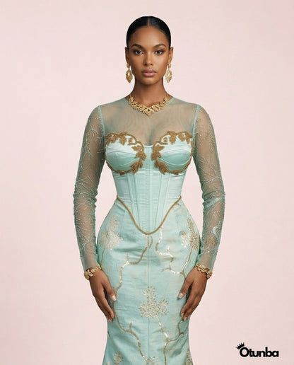 Luxurious Long Sleeve Aso Ebi Dresses | Mint Green — Photo 3 | OTUNBA Luxury Fashion