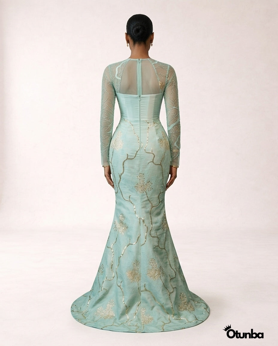 Luxurious Long Sleeve Aso Ebi Dresses | Mint Green OTUNBA Luxurious Long Sleeve Aso Ebi Dresses | Mint Green OTUNBA
