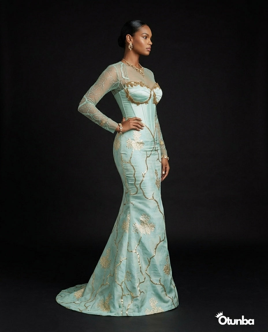 Luxurious Long Sleeve Aso Ebi Dresses | Mint Green — Photo 5 | OTUNBA Luxury Fashion