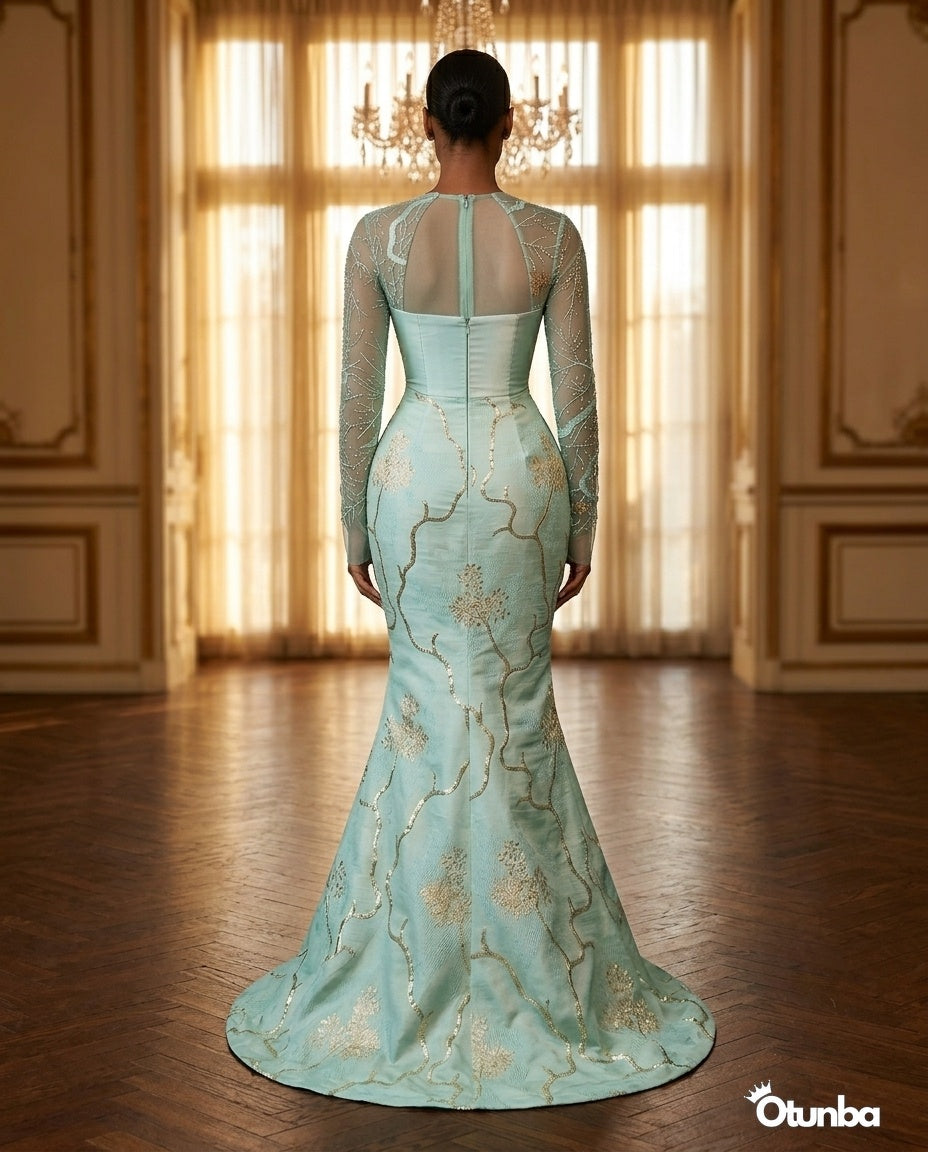 Luxurious Long Sleeve Aso Ebi Dresses | Mint Green — Social 1 | OTUNBA Luxury Fashion