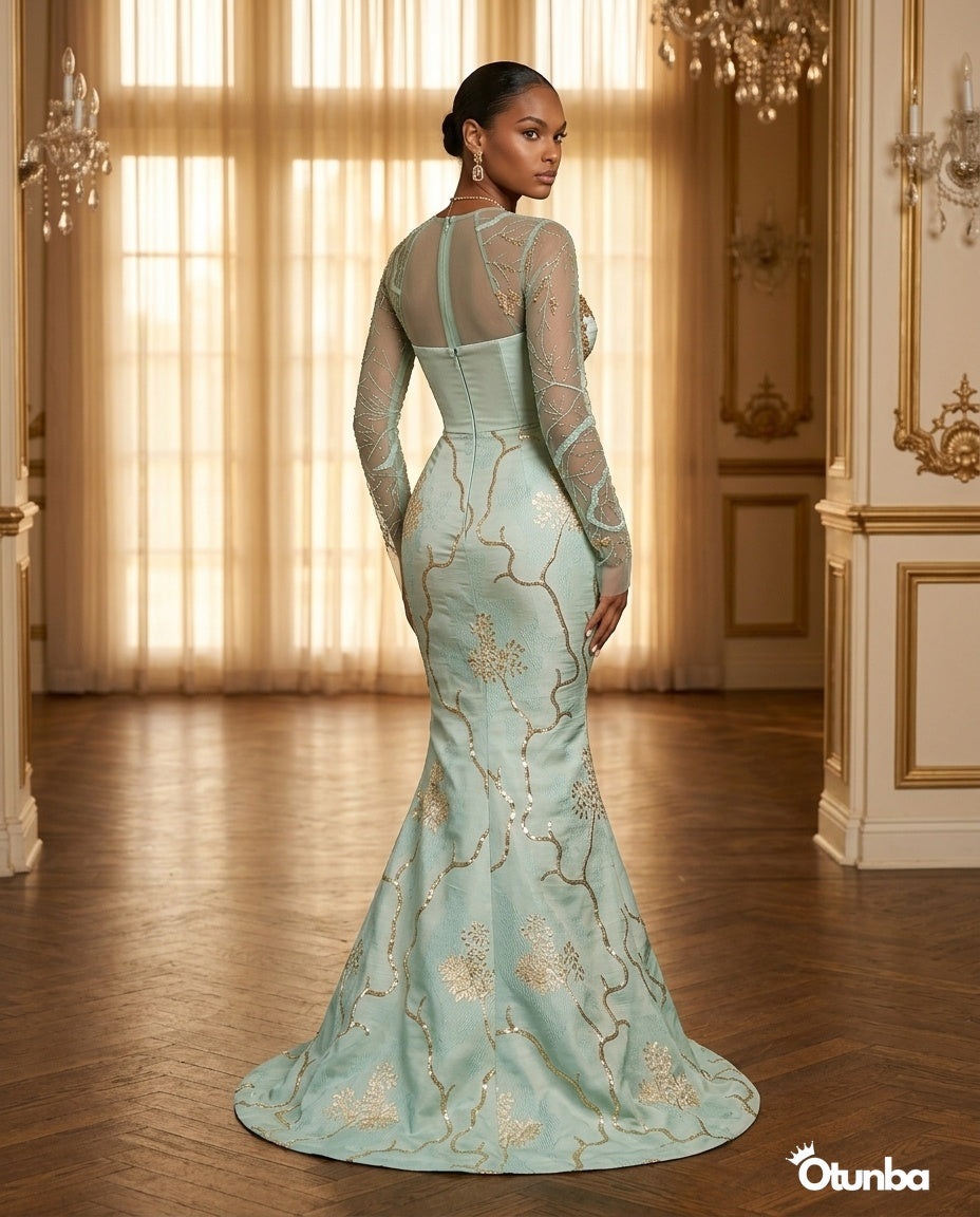 Luxurious Long Sleeve Aso Ebi Dresses | Mint Green — Social 2 | OTUNBA Luxury Fashion