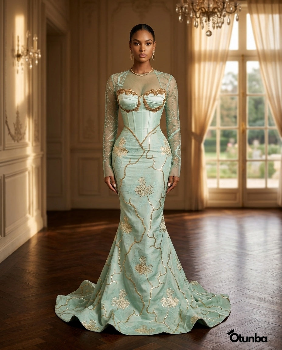 Luxurious Long Sleeve Aso Ebi Dresses | Mint Green — Social 4 | OTUNBA Luxury Fashion