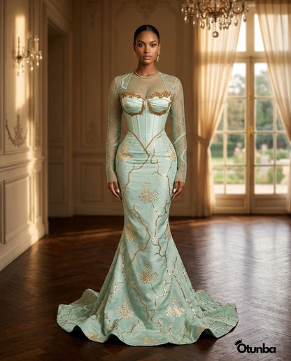 Luxurious Long Sleeve Aso Ebi Dresses | Mint Green — Social 4 | OTUNBA Luxury Fashion