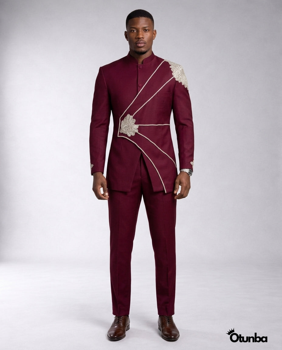 Luxury African Men Kaftan | Custom Sizing | Burgundy