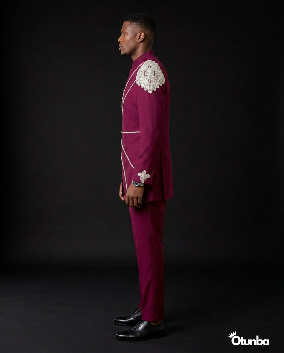 Luxury African Men Kaftan | Custom Sizing | Burgundy — Photo 3 | OTUNBA Luxury Fashion