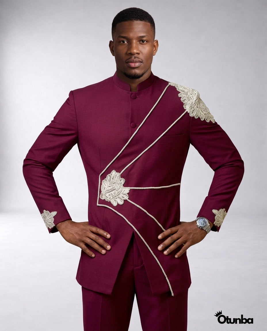 Luxury African Men Kaftan | Custom Sizing | Burgundy — Photo 5 | OTUNBA Luxury Fashion