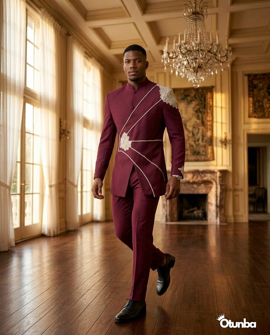 Luxury African Men Kaftan | Custom Sizing | Burgundy — Social 1 | OTUNBA Luxury Fashion