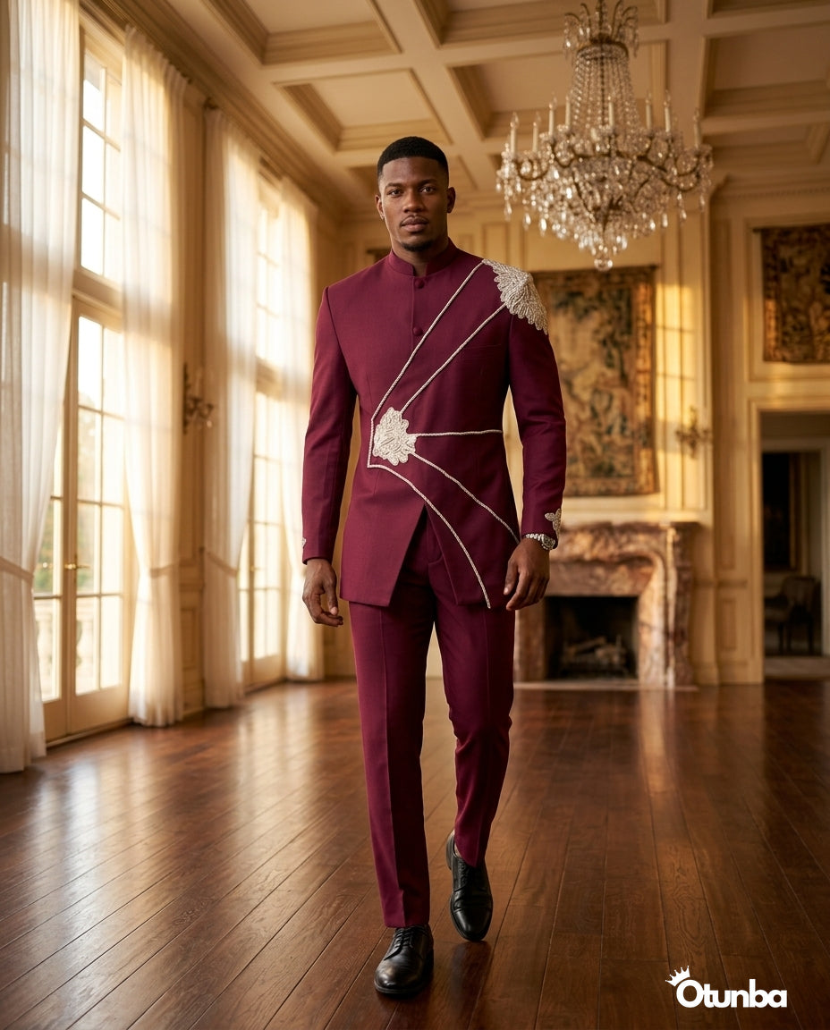 Luxury African Men Kaftan | Custom Sizing | Burgundy — Social 2 | OTUNBA Luxury Fashion