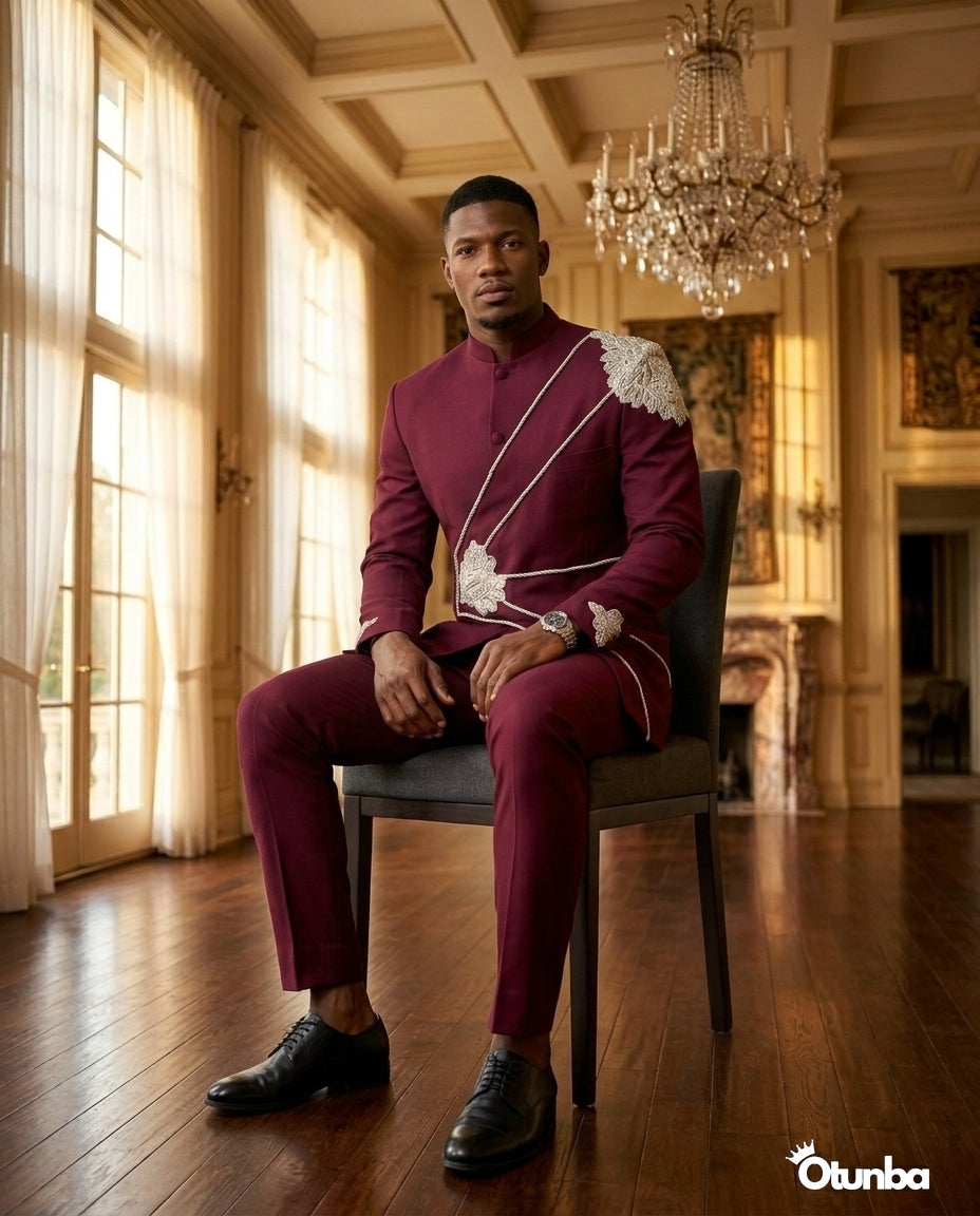 Luxury African Men Kaftan | Custom Sizing | Burgundy — Social 4 | OTUNBA Luxury Fashion