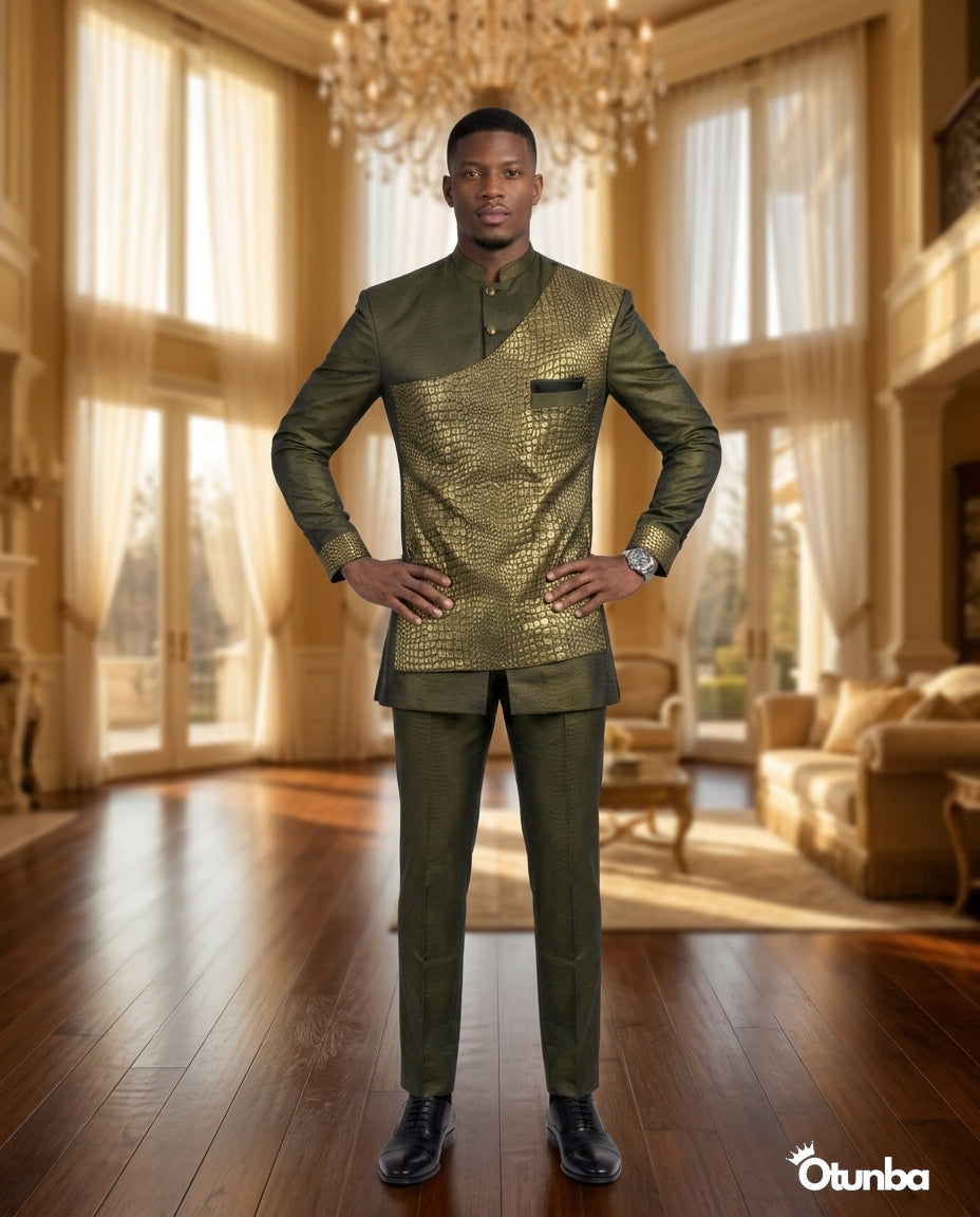 Luxury African Men Kaftan | Custom Sizing | Crocodile Pattern — Social 1 | OTUNBA Luxury Fashion