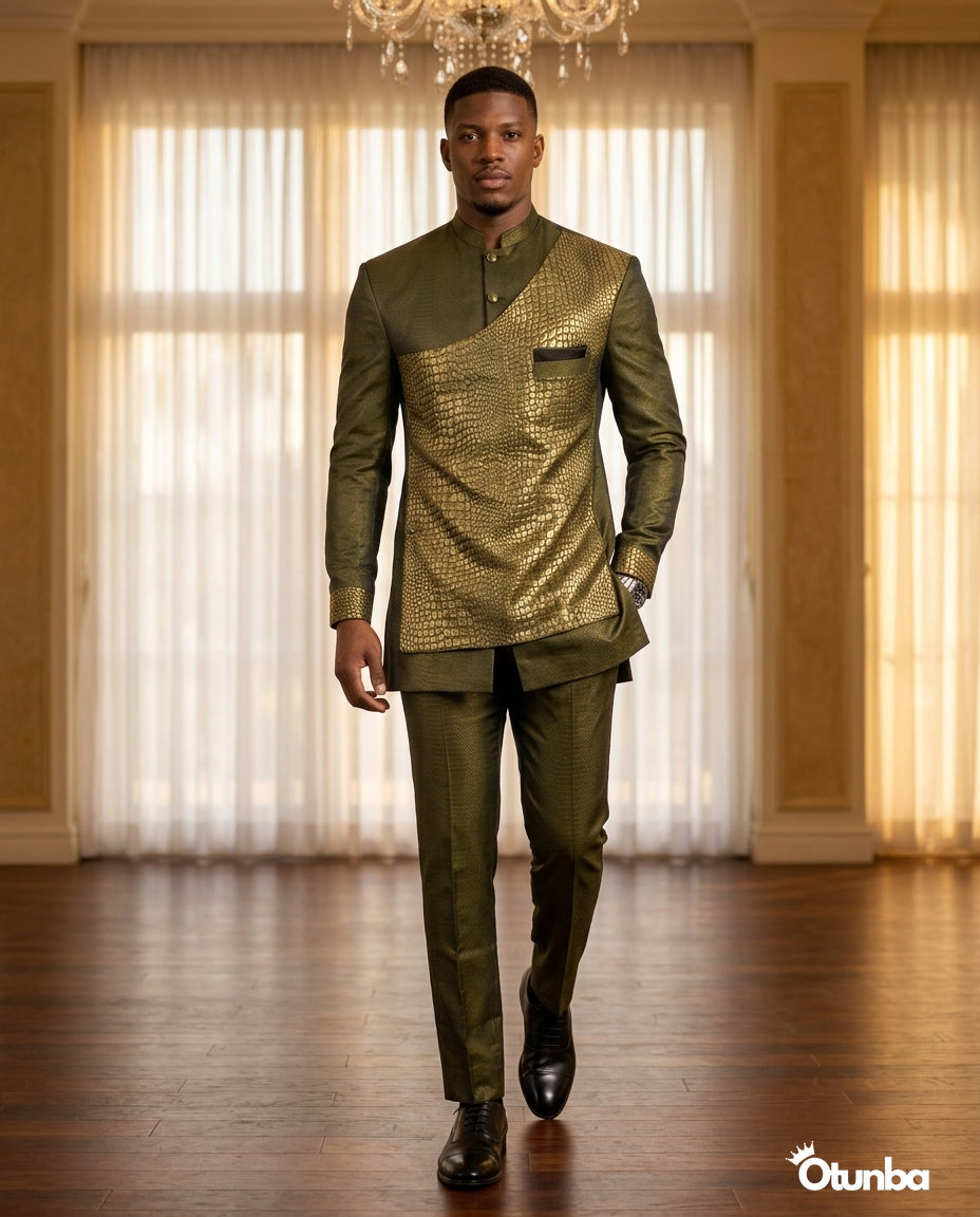Luxury African Men Kaftan | Custom Sizing | Crocodile Pattern — Social 2 | OTUNBA Luxury Fashion