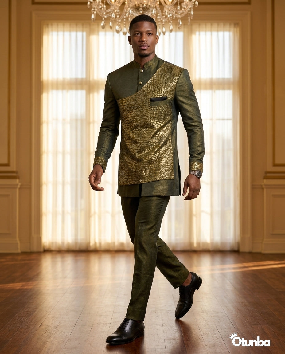 Luxury African Men Kaftan | Custom Sizing | Crocodile Pattern — Social 3 | OTUNBA Luxury Fashion