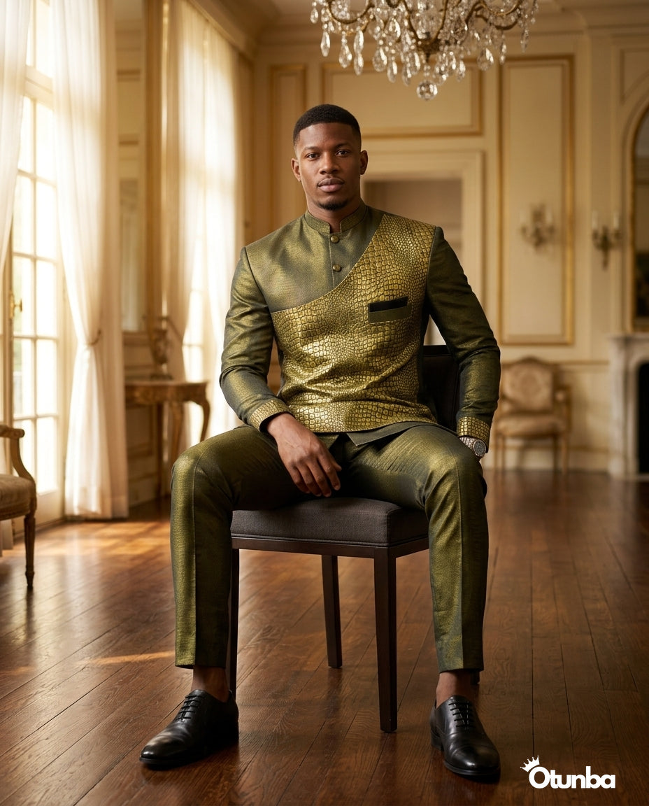 Luxury African Men Kaftan | Custom Sizing | Crocodile Pattern — Social 4 | OTUNBA Luxury Fashion