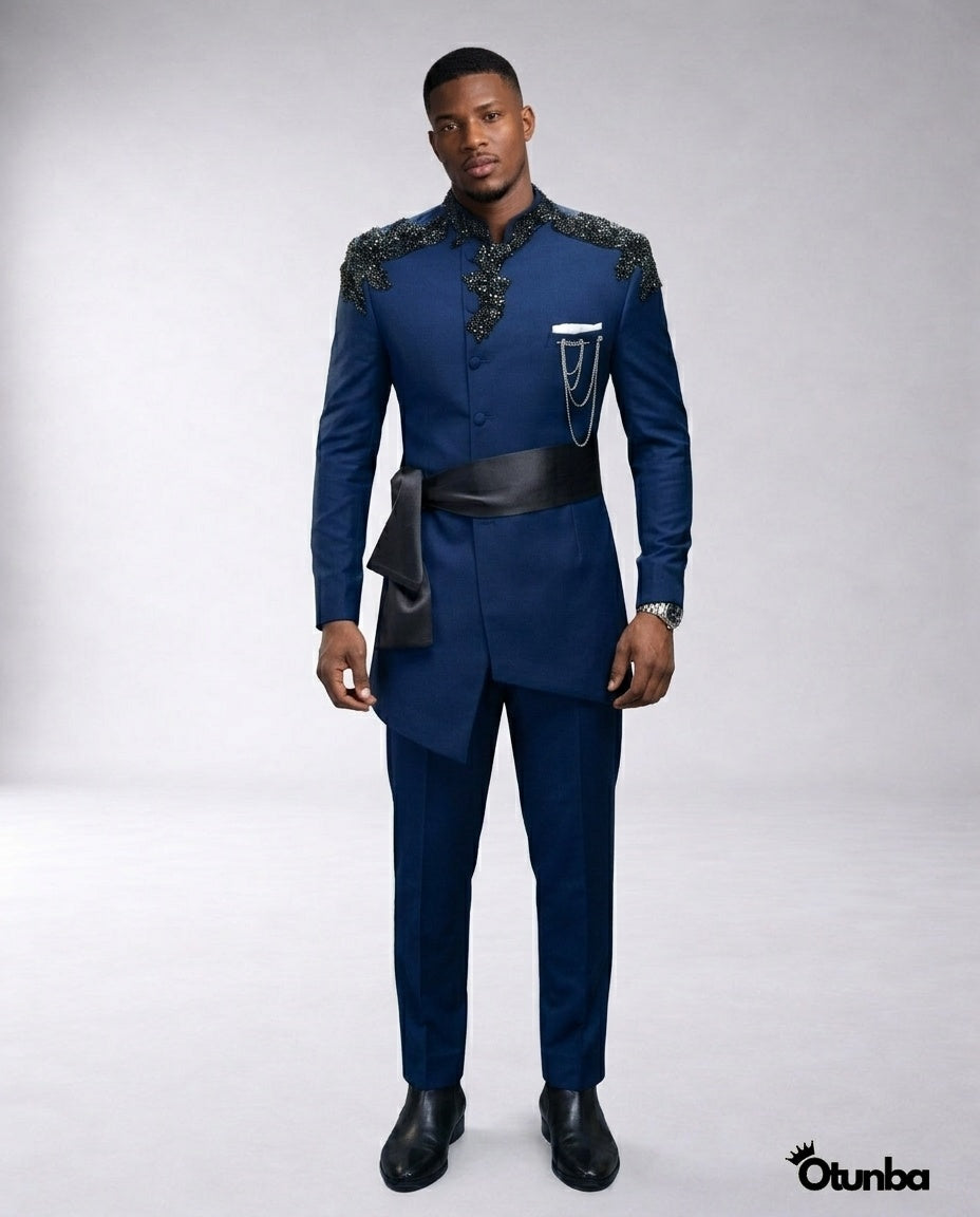 Luxury African Men Kaftan | Custom Sizing | Navy Blue