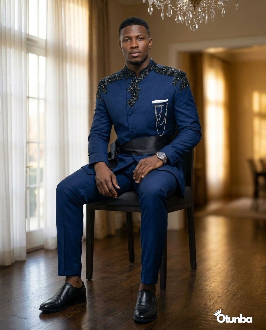 Luxury African Men Kaftan | Custom Sizing | Navy Blue — Photo 56 | OTUNBA Luxury Fashion