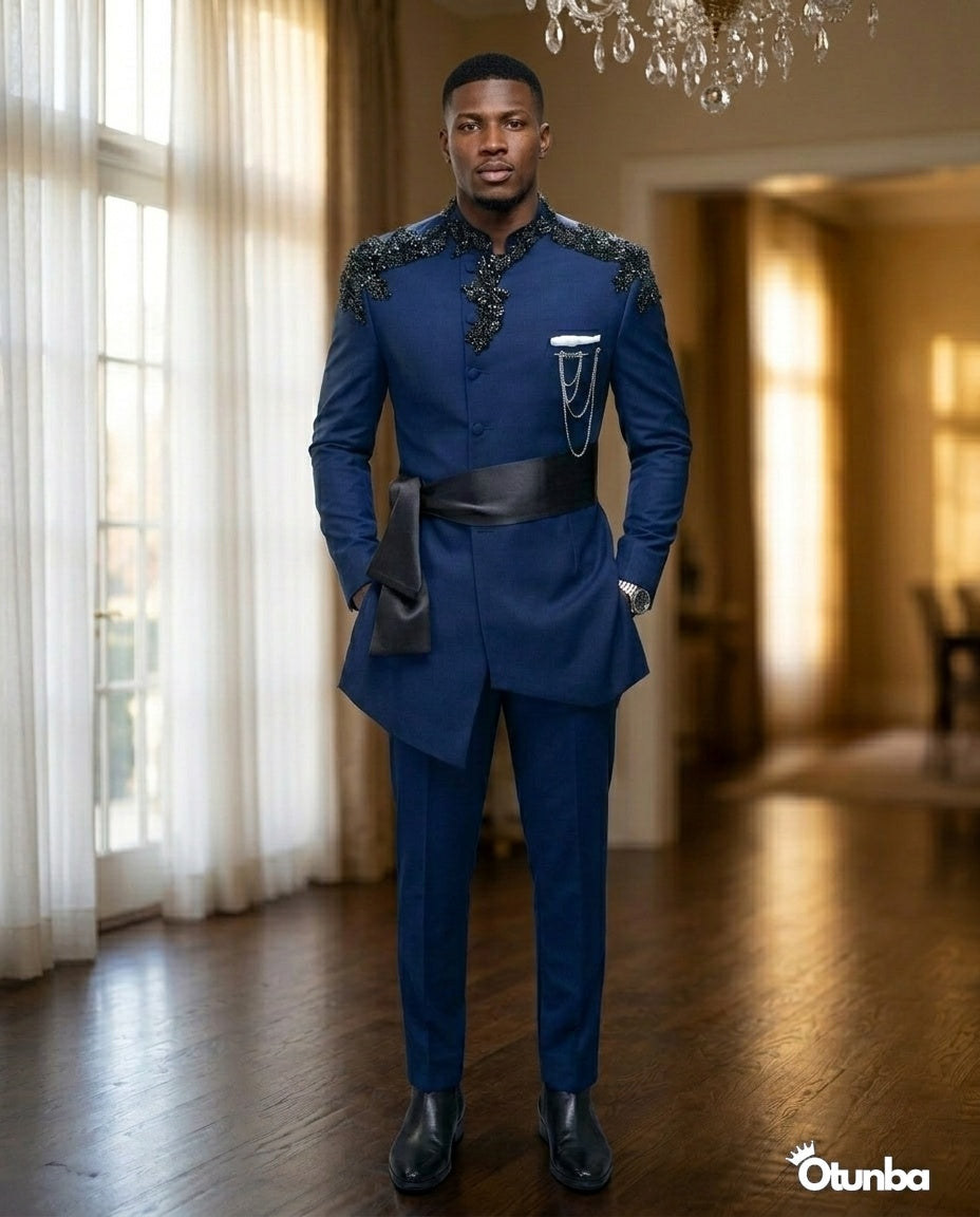 Luxury African Men Kaftan | Custom Sizing | Navy Blue — Photo 57 | OTUNBA Luxury Fashion