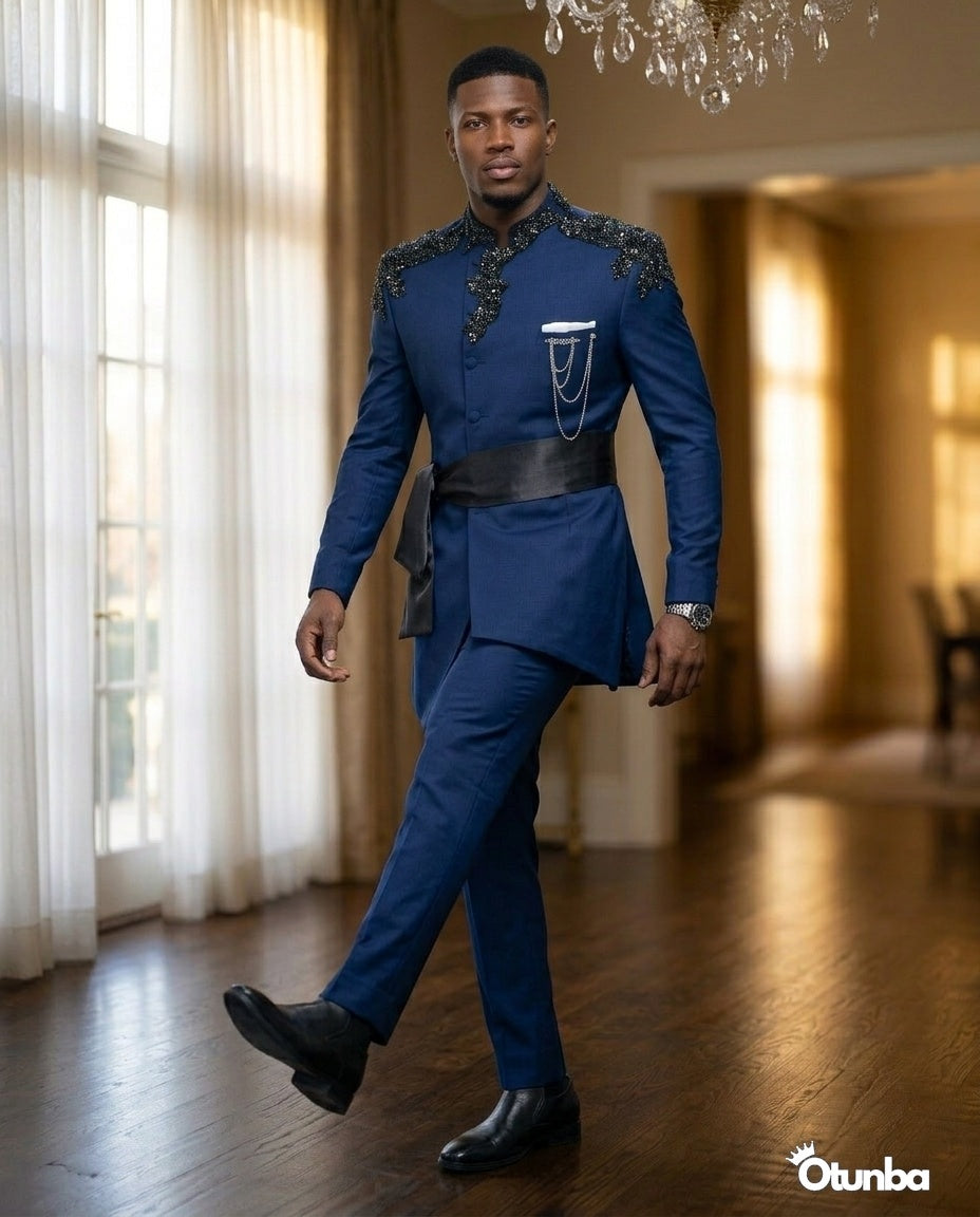 Luxury African Men Kaftan | Custom Sizing | Navy Blue — Photo 58 | OTUNBA Luxury Fashion