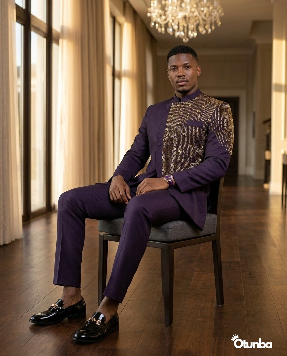 Luxury African Men Kaftan | Custom Size | Royal Purple Attire  OTUNBA