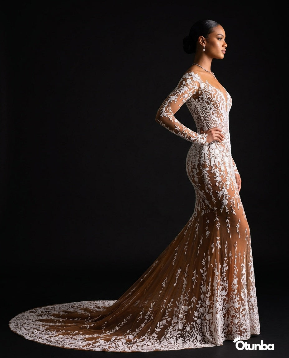 Luxury Champagne Full-Length Wedding Dress | Embroidery Lace — Photo 2 | OTUNBA Luxury Fashion