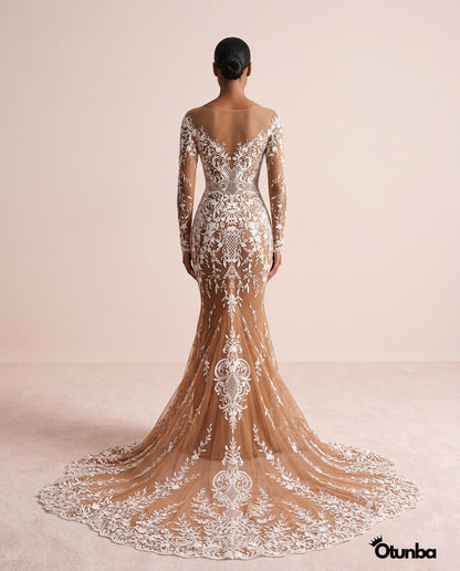 Luxury Champagne Full-Length Wedding Dress | Embroidery Lace — Photo 3 | OTUNBA Luxury Fashion