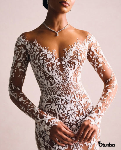 Luxury Champagne Full-Length Wedding Dress | Embroidery Lace — Photo 5 | OTUNBA Luxury Fashion
