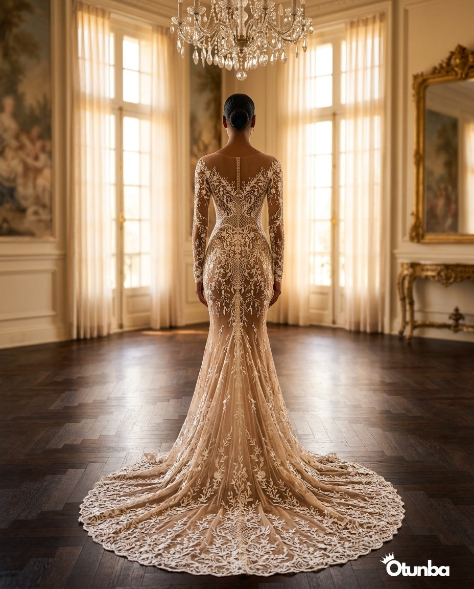 Luxury Champagne Full-Length Wedding Dress | Embroidery Lace — Social 1 | OTUNBA Luxury Fashion