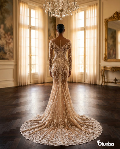 Luxury Champagne Full-Length Wedding Dress | Embroidery Lace — Social 1 | OTUNBA Luxury Fashion