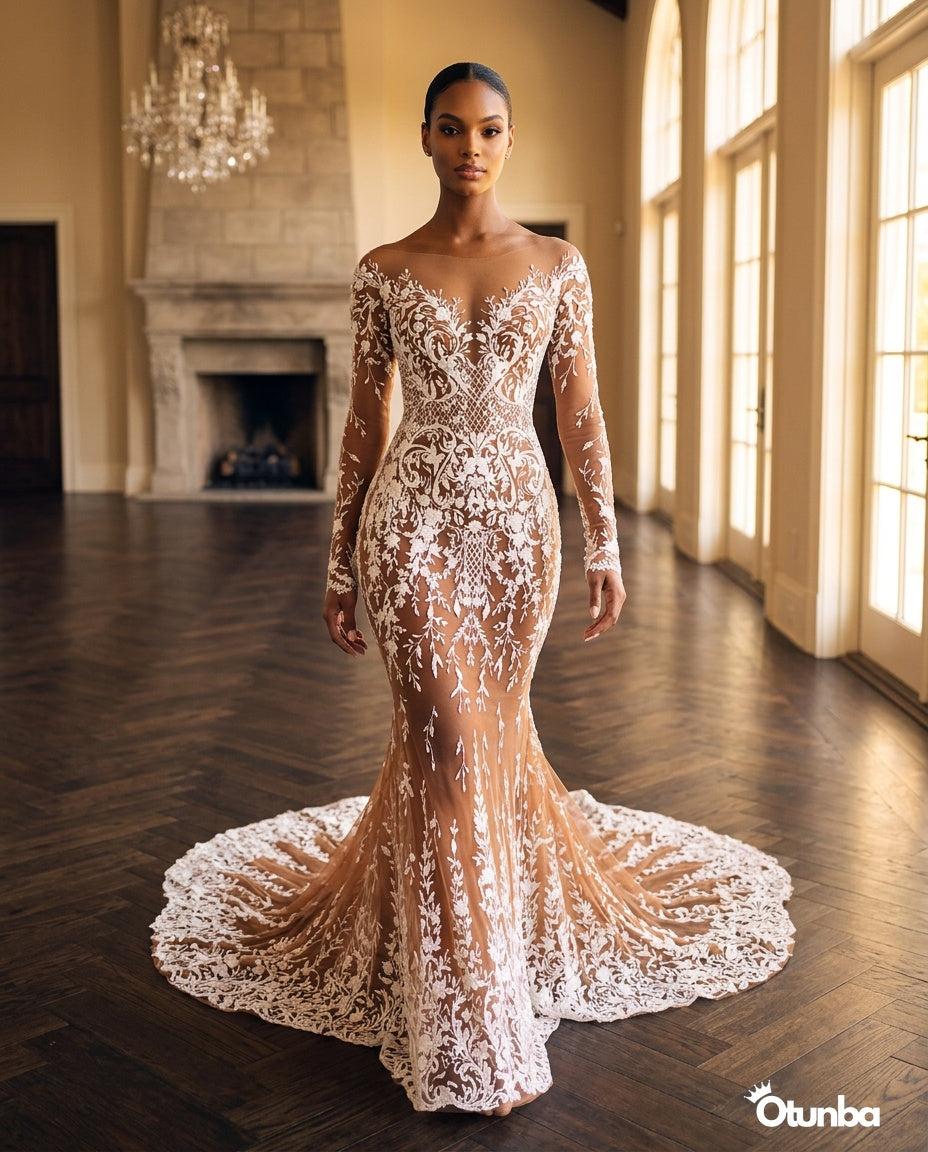 Luxury Champagne Full-Length Wedding Dress | Embroidery Lace — Social 2 | OTUNBA Luxury Fashion