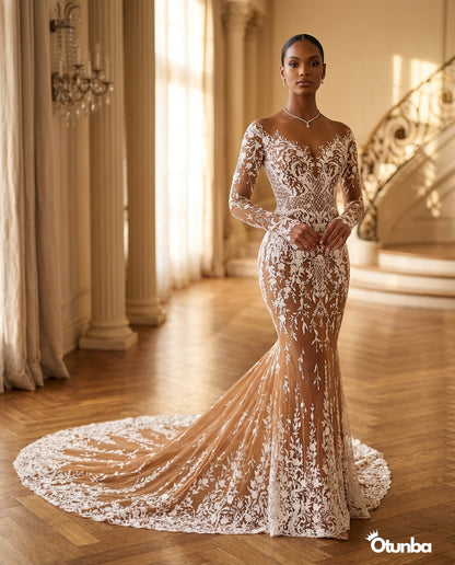 Luxury Champagne Full-Length Wedding Dress | Embroidery Lace — Social 5 | OTUNBA Luxury Fashion