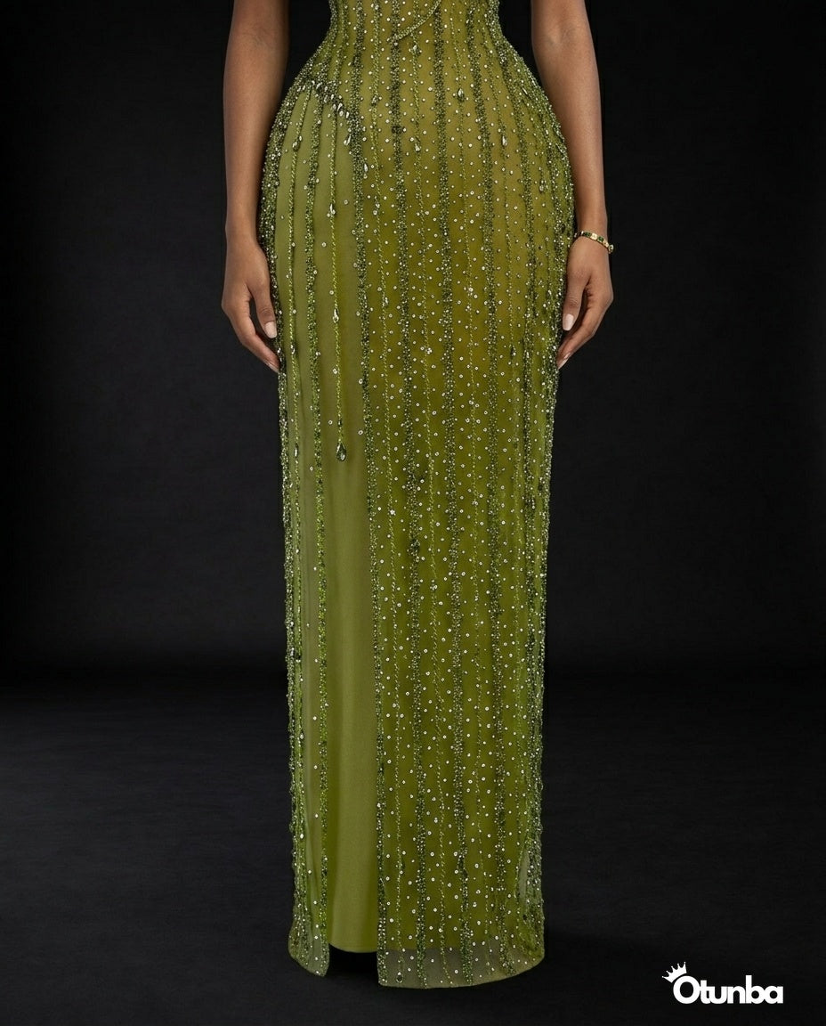 Luxury Exquisite Stoned Dress | Green — Photo 1 | OTUNBA Luxury Fashion
