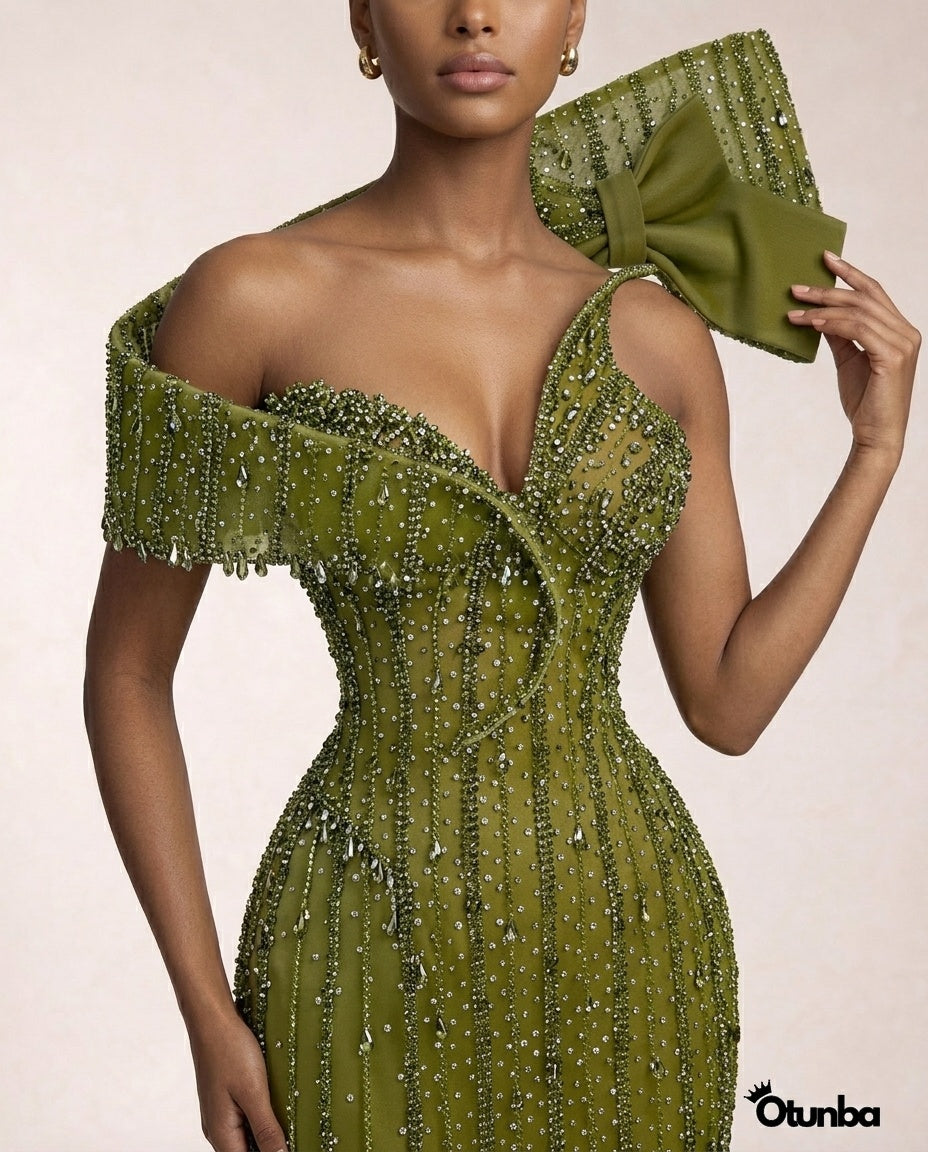 Luxury Exquisite Stoned Dress | Green — Photo 2 | OTUNBA Luxury Fashion