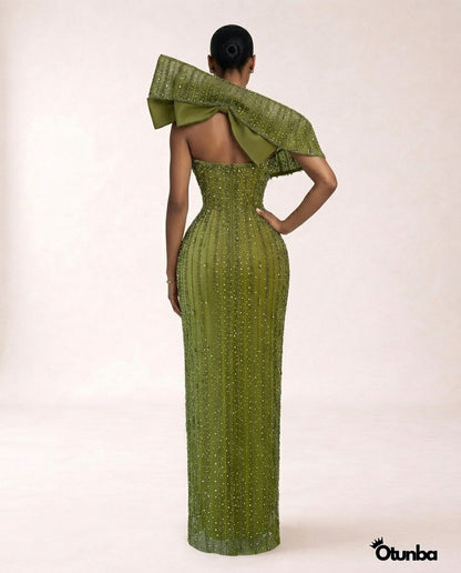 Luxury Exquisite Stoned Dress | Green — Photo 3 | OTUNBA Luxury Fashion
