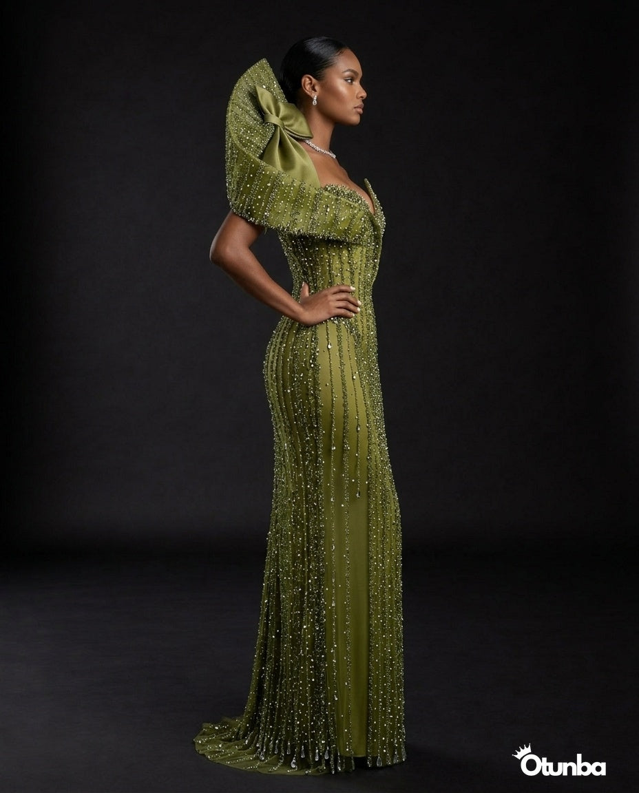 Luxury Exquisite Stoned Dress | Green — Photo 4 | OTUNBA Luxury Fashion