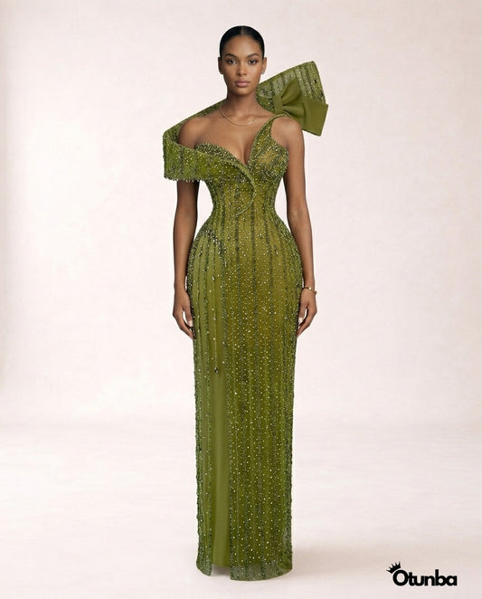 Luxury Exquisite Stoned Dress | Green — Photo 5 | OTUNBA Luxury Fashion