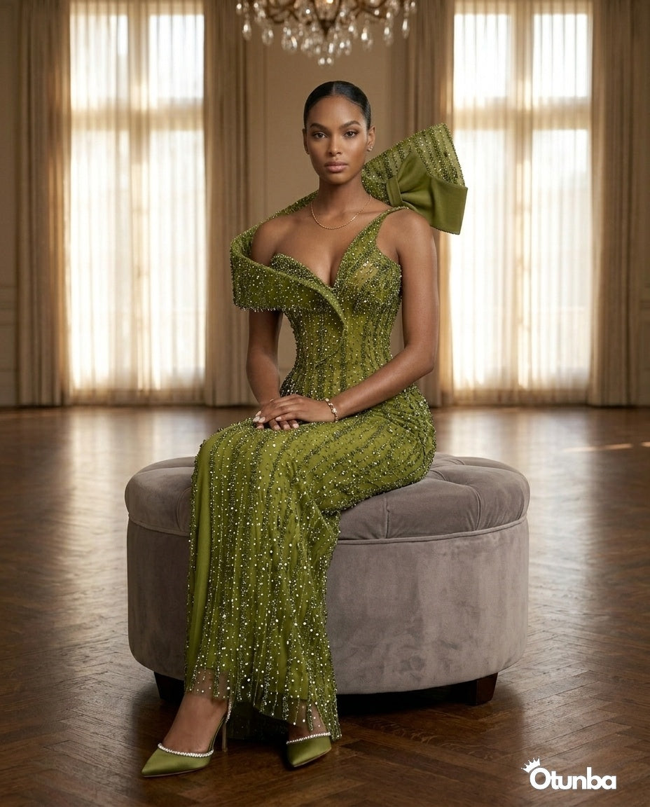 Luxury Exquisite Stoned Dress | Green — Social 5 | OTUNBA Luxury Fashion