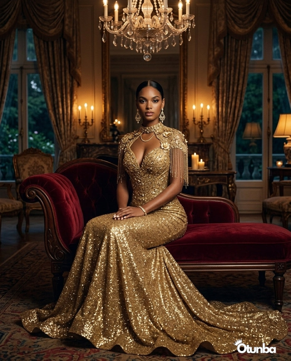 Luxury Glitter Prom Dress | Gold — Social 1 | OTUNBA Luxury Fashion