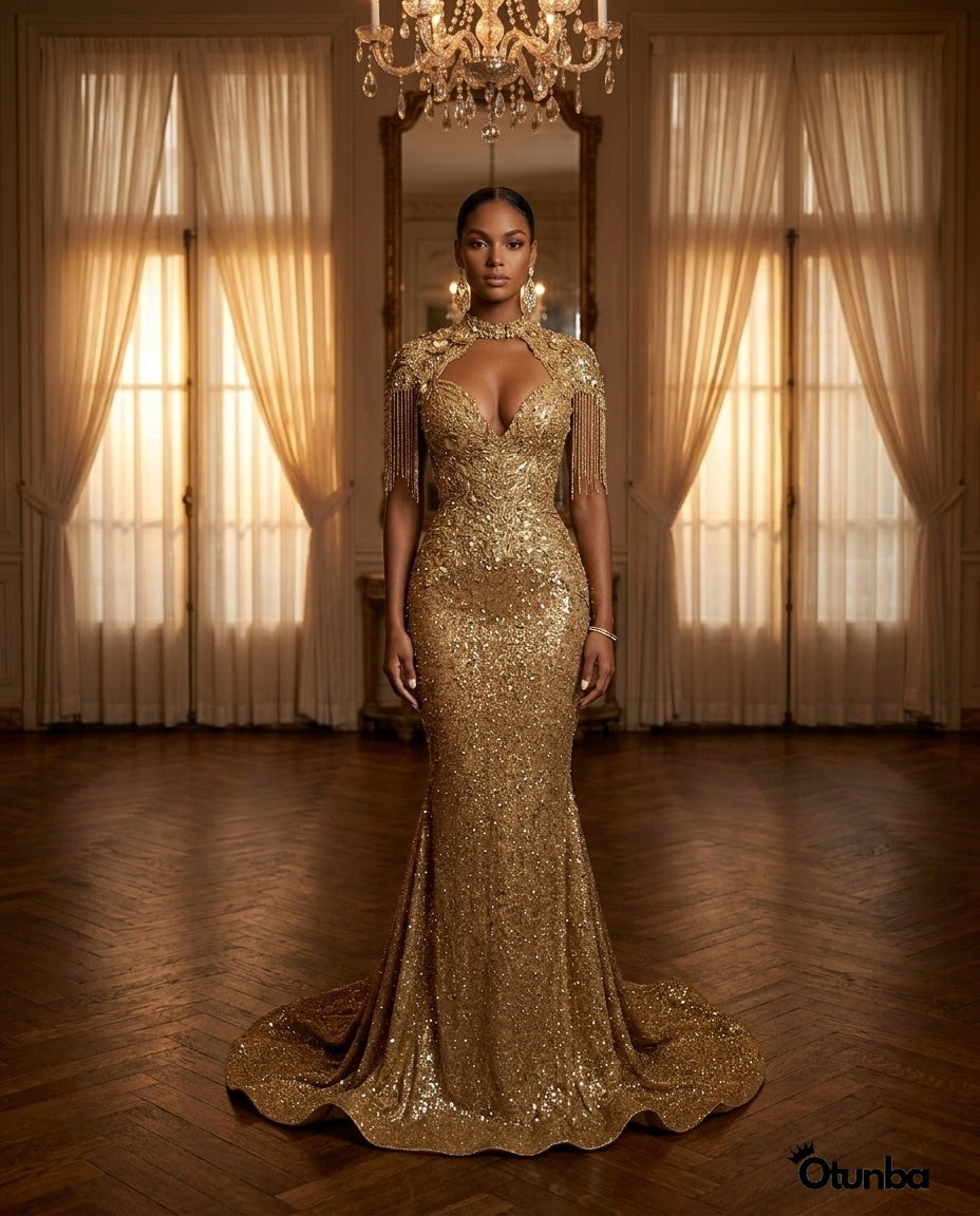 Luxury Glitter Prom Dress | Gold — Social 5 | OTUNBA Luxury Fashion