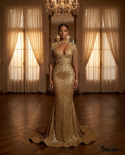 Luxury Glitter Prom Dress | Gold — Social 5 | OTUNBA Luxury Fashion