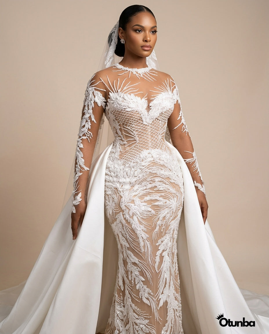Luxury Illusion Mermaid Ivory Wedding Dress | Detachable Train OTUNBA Luxury Illusion Mermaid Ivory Wedding Dress | Detachable Train OTUNBA