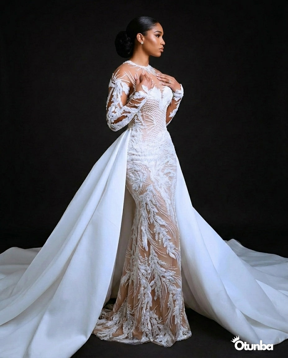 Luxury Illusion Mermaid Ivory Wedding Dress | Detachable Train — Photo 4 | OTUNBA Luxury Fashion