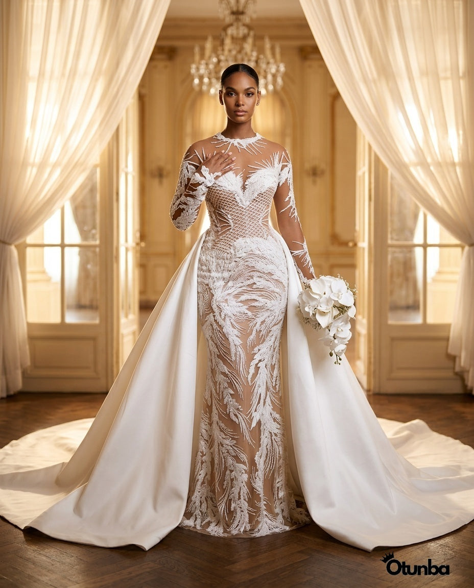 Luxury Illusion Mermaid Ivory Wedding Dress | Detachable Train  OTUNBA