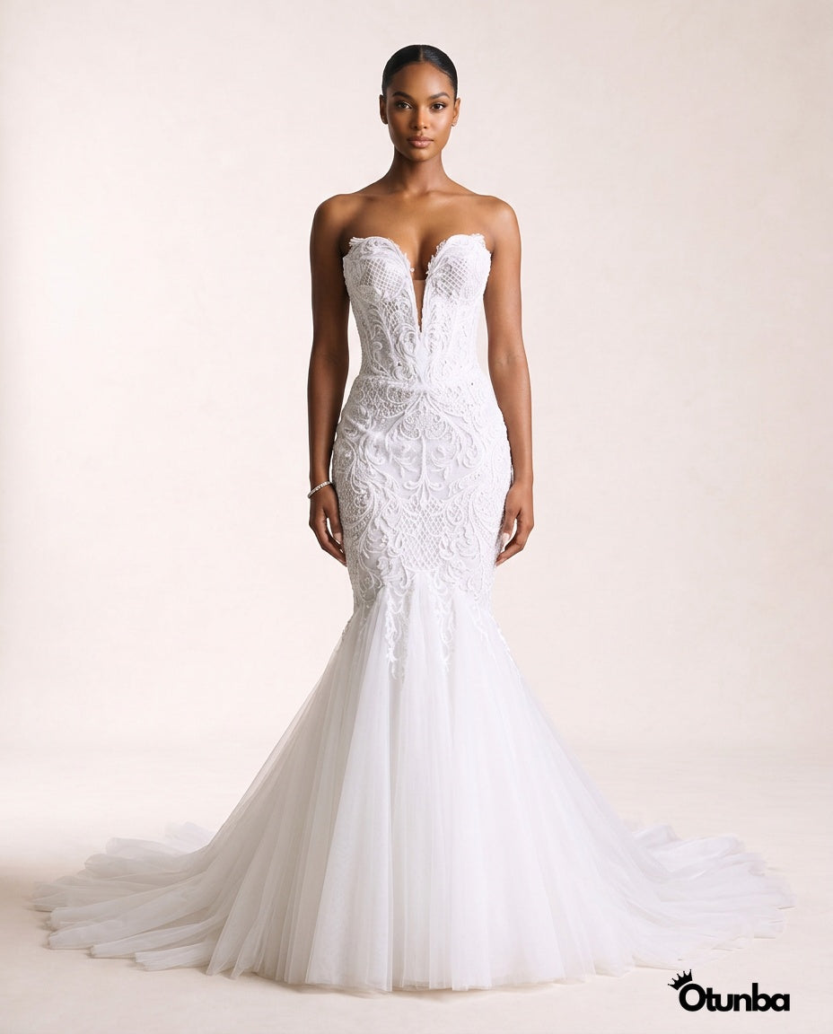 Luxury Lace Mermaid Wedding Dress | Deep V-Neck — Photo 1 | OTUNBA Luxury Fashion