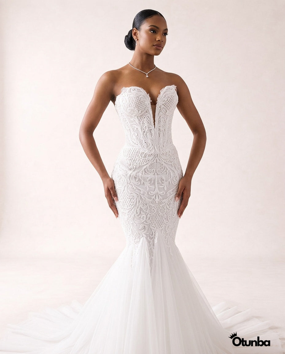 Luxury Lace Mermaid Wedding Dress | Deep V-Neck — Photo 3 | OTUNBA Luxury Fashion