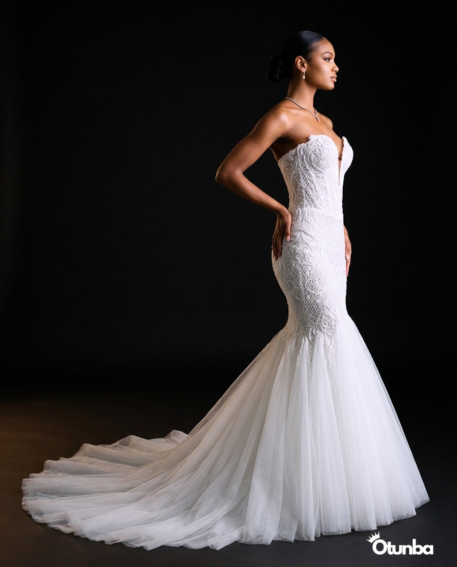 Luxury Lace Mermaid Wedding Dress | Deep V-Neck — Photo 4 | OTUNBA Luxury Fashion