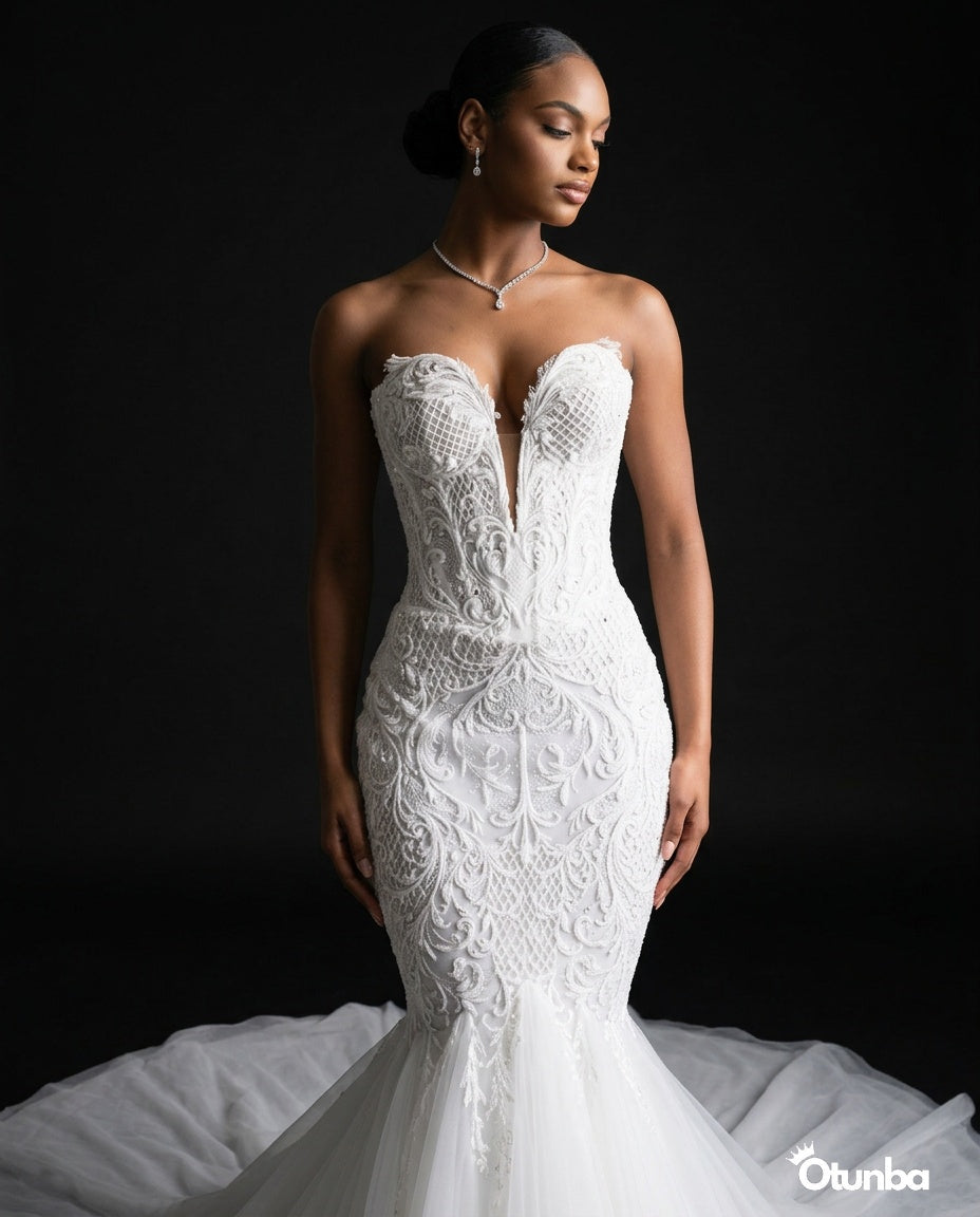 Luxury Lace Mermaid Wedding Dress | Deep V-Neck — Photo 5 | OTUNBA Luxury Fashion
